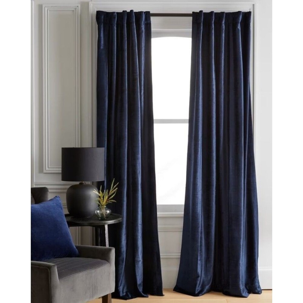 NEW Quince Navy Luster Velvet Room Darkening Curtain Panel  48" x 96"